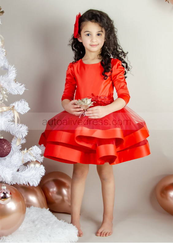 Orange Red Satin Tulle Fashion Flower Girl Dress
